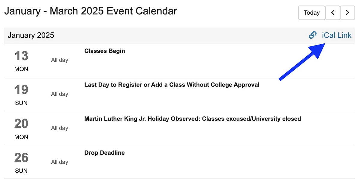 The image shows a January 2025 university event calendar highlighting important dates such as the start of classes, registration deadlines, and Martin Luther King Jr. Holiday.