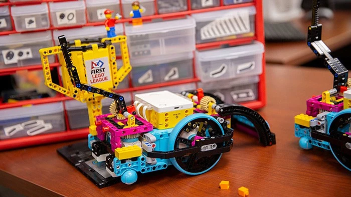 Students in the Fulton Academy's Lego robotics virtual summer camps and First Lego League participants each engage with robots like this Lego Spike Prime robot