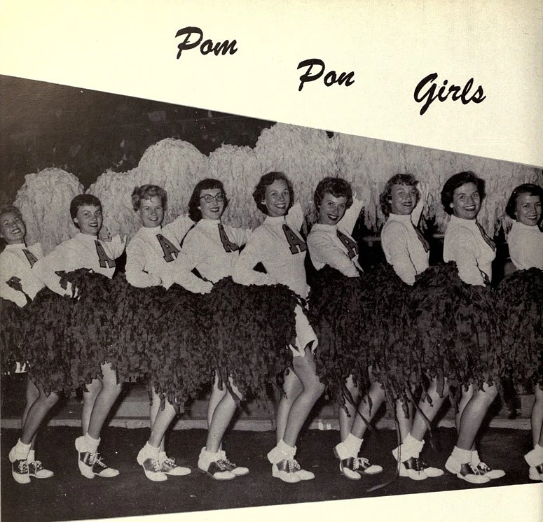 "Pom Pom" girls at their first appearance of the 1955 football season. It later became the dance team, and in 2008, the separate dance and c