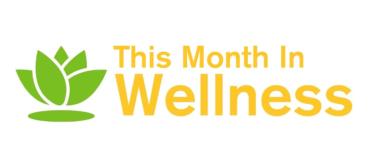 Green lotus flower graphic alongside text reading "This Month in Wellness" in gold text