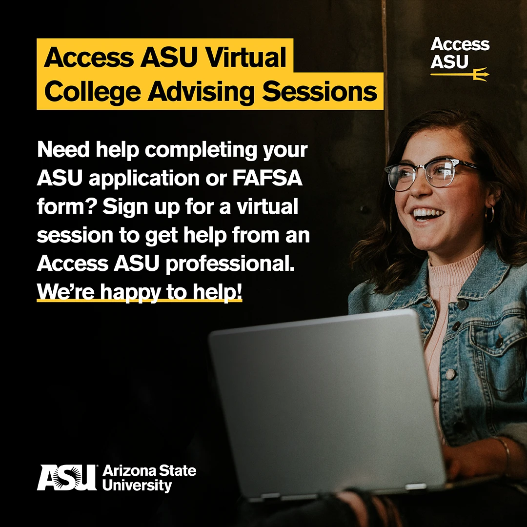 Student using a laptop. Invitation to sign up for virtual advising sessions 