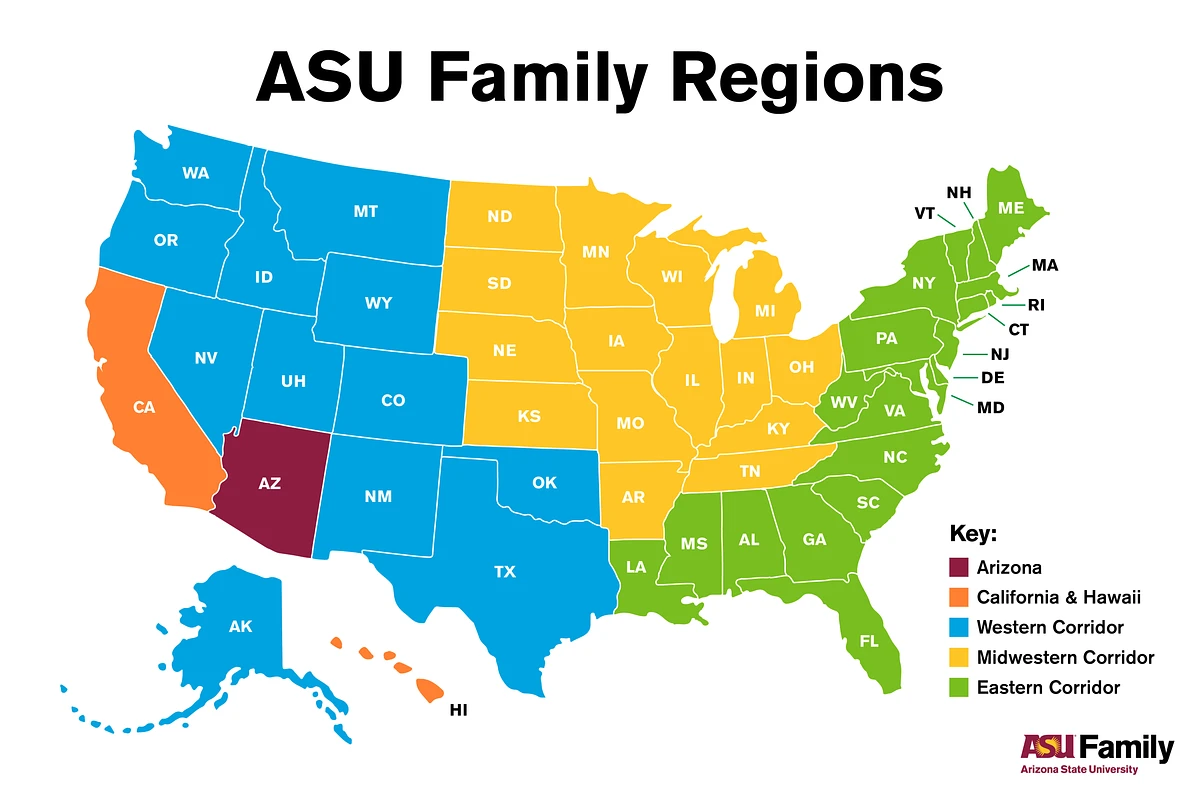 Color coded map of ASU Family's regions in the United States