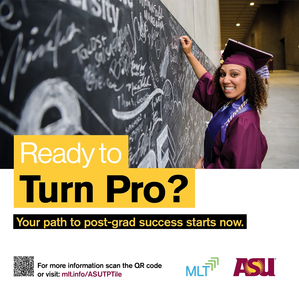 Women writing on chalkboard wall, "Ready to Turn Pro?"