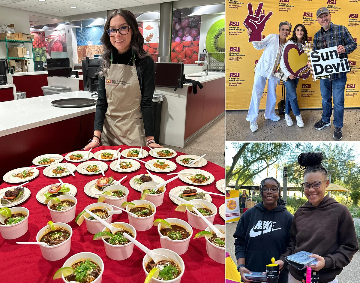A three-photo collage showing food samples in a cup, three people showing ASU spirit with signs and two young women holding food containers and smiling.