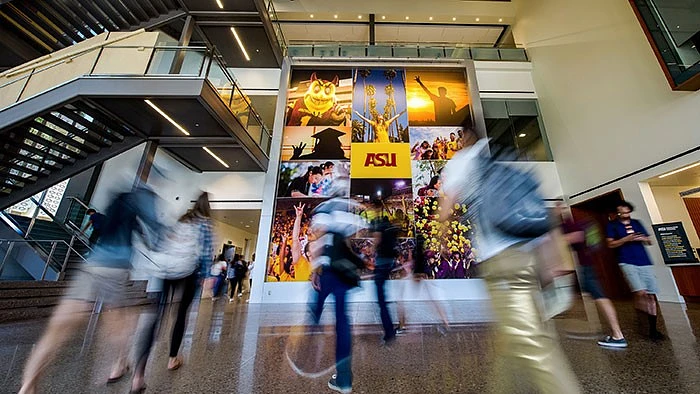 Students walking through Student Pavillion