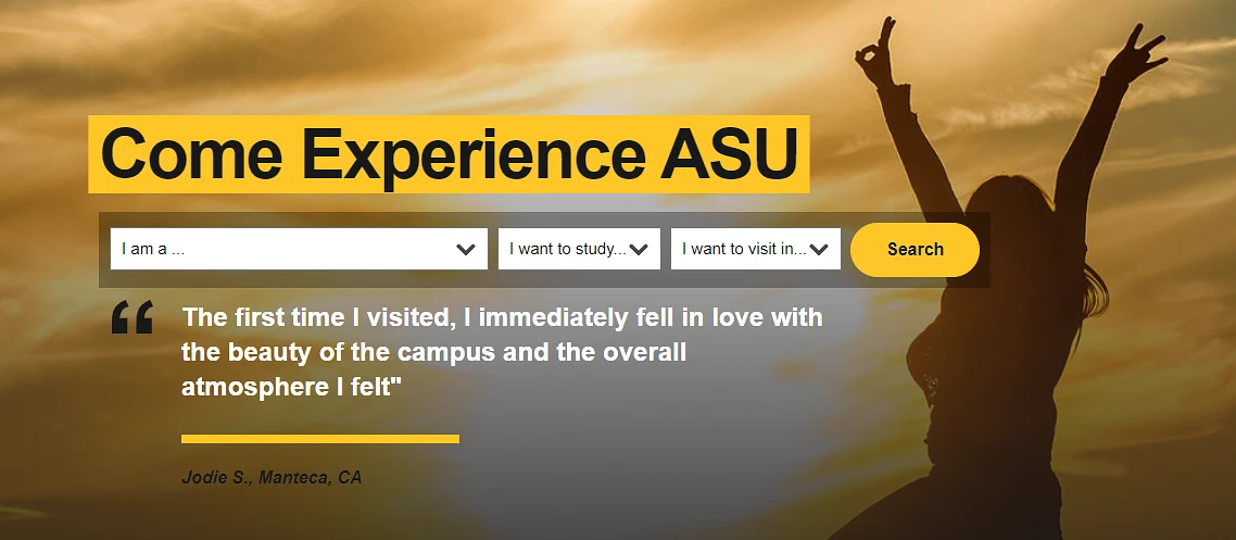 Come Experience ASU picture with a shadow student in background with arms up