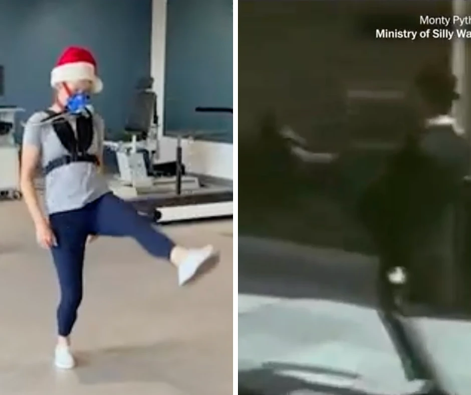 A person in gray exercise clothes and a Santa hat kicks their left leg in the air. In a facing photo, the actor John Cleese kicks his right leg in the air.