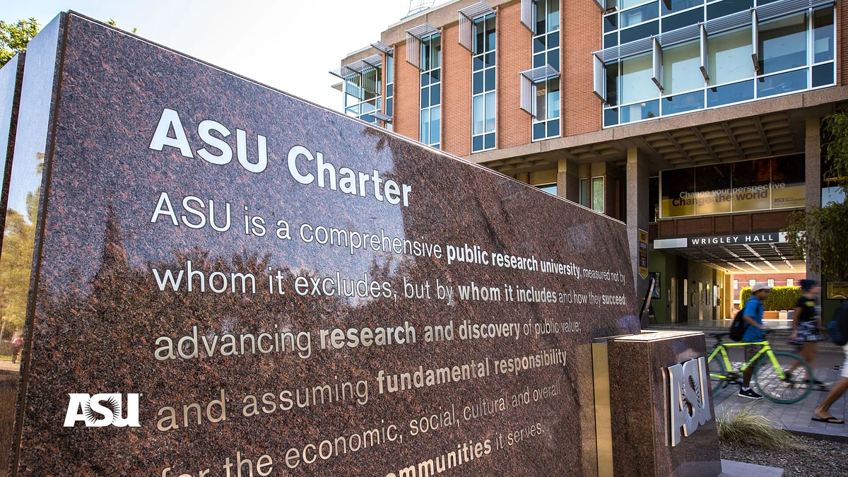 Picture of ASU's Charter monument in front of the ISTBX building, home of the School for the Future of Innovation in Society