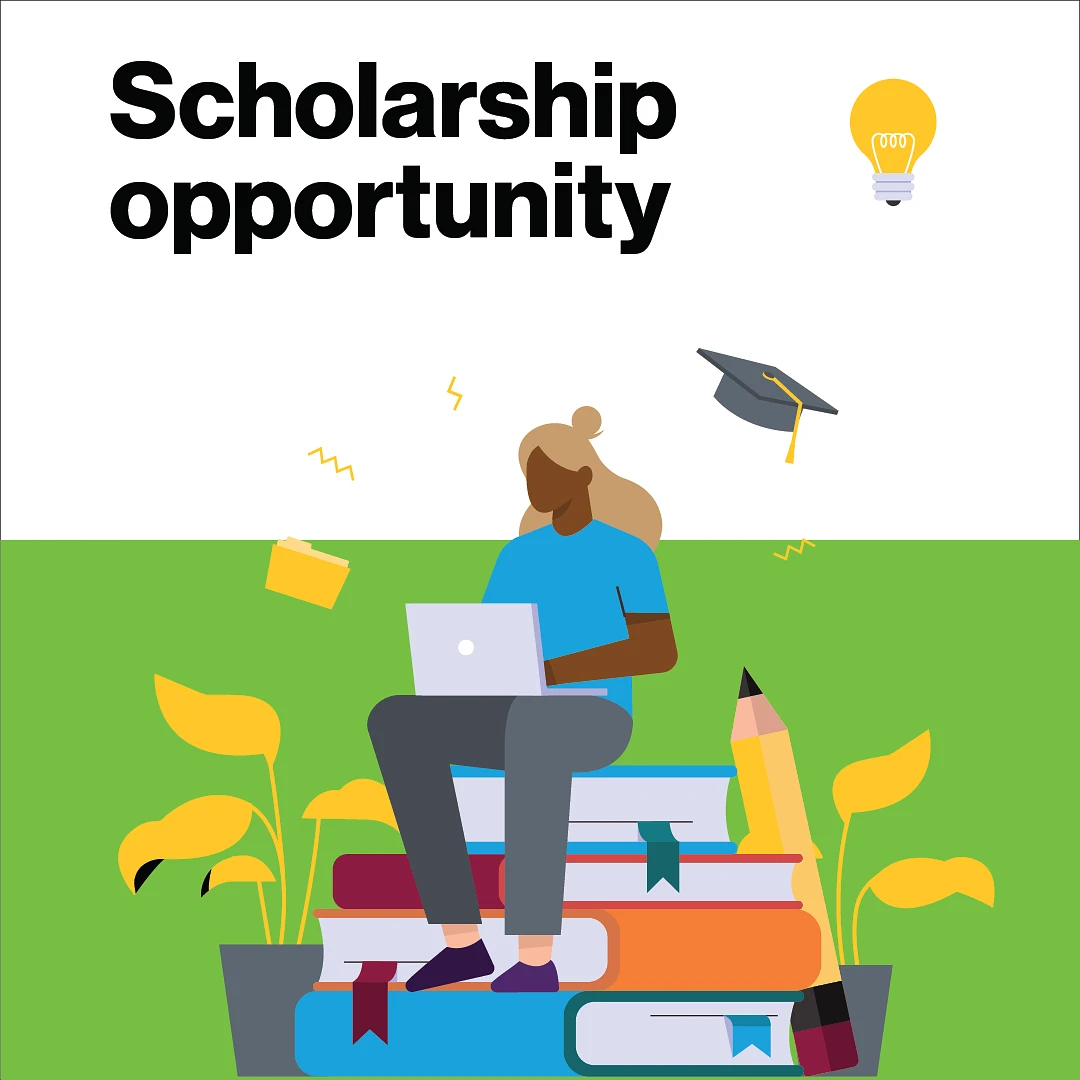 An illustration of a woman sitting on a stack of books. Above her are the words Scholarship opportunity.