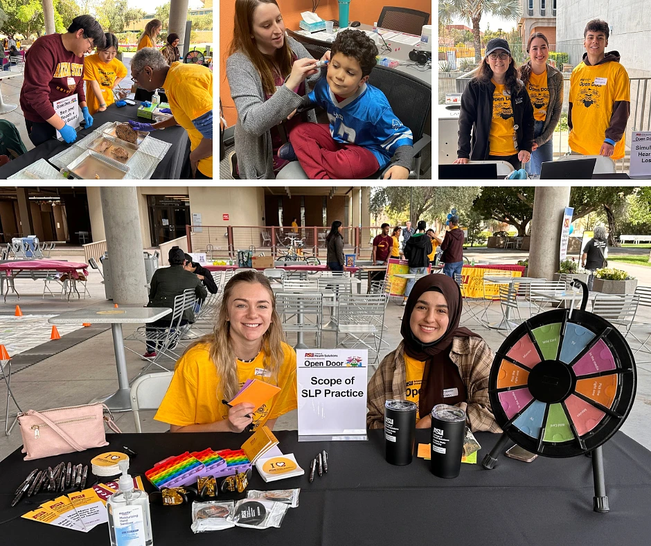 4 photos in a grid showing ASU students and faculty demonstrating speech and hearing innovation to visitors.