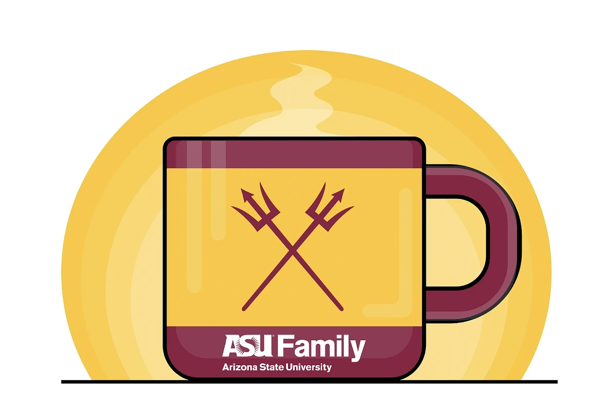 Animated image of coffee cup with the pitchfork and ASU Family logo