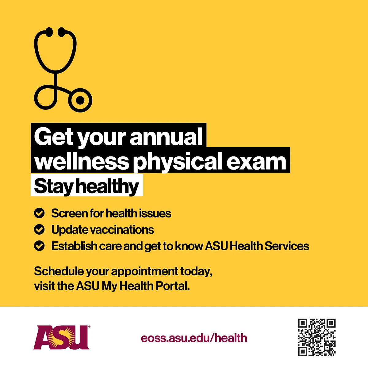 Flyer with details on ASU Health Services and information on annual wellness physicals