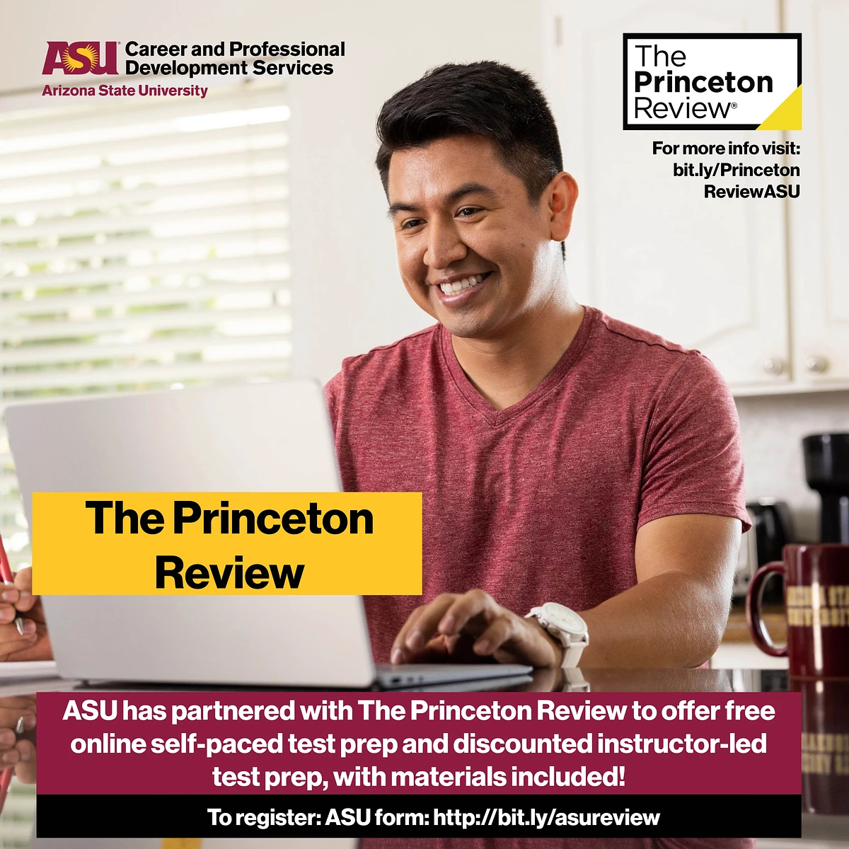 ASU student working on computer, logo for Princeton Review and link to access resources. 