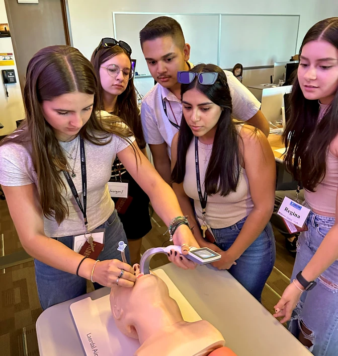 High school students take part in an intubation simulation during the Summer Health Institute, a partnership between ASU's College of Health Solutions and Creighton University Health Sciences Campus-Phoenix