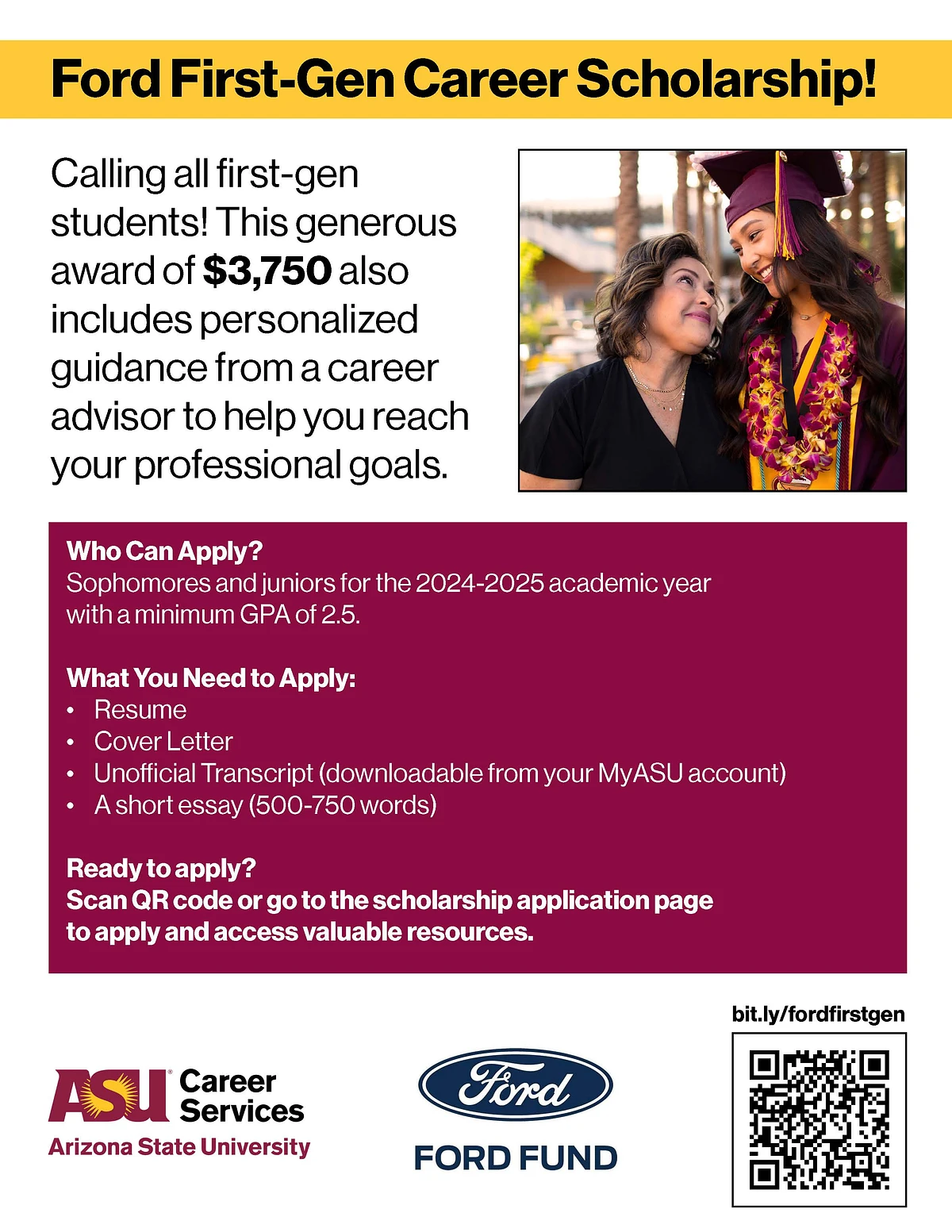Informational flier with details on the Ford First-Gen scholarship