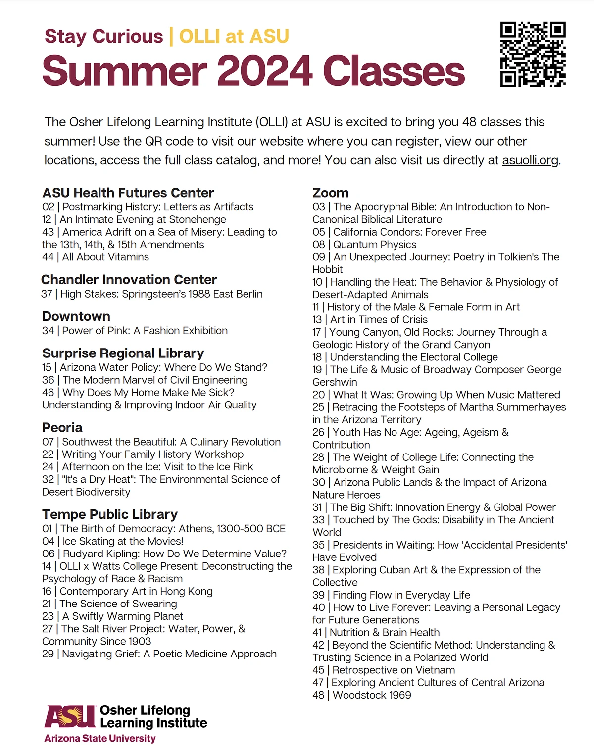 This is a list of the Osher summer classes that run from June 3rd - June 28th