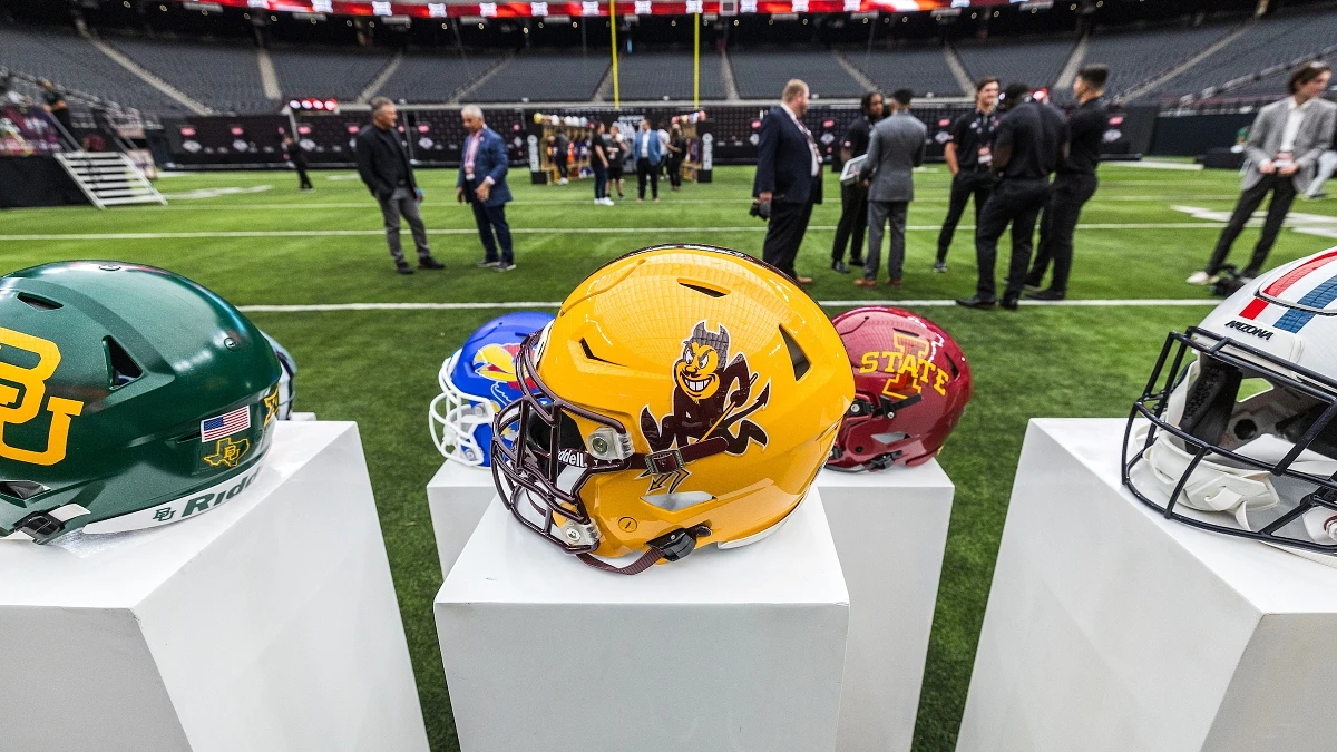 ASU's helmet is part of a display of all 16 Big 12 school helmets at the first day of the Big 12 Football Media Days on Tuesday, July 9, at Allegiant Stadium in Las Vegas.