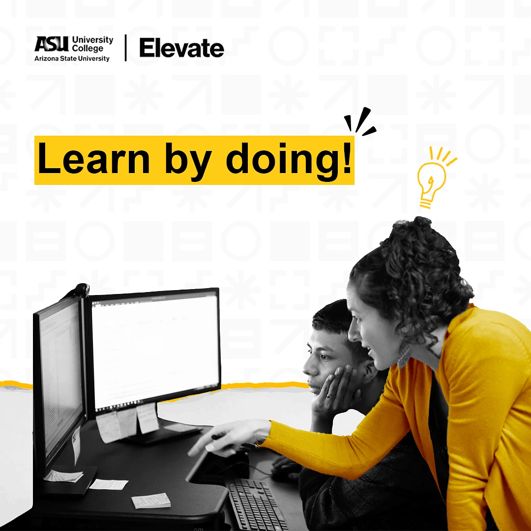 Two working learners working on a computer with the text "Learn by doing!" displayed above them.