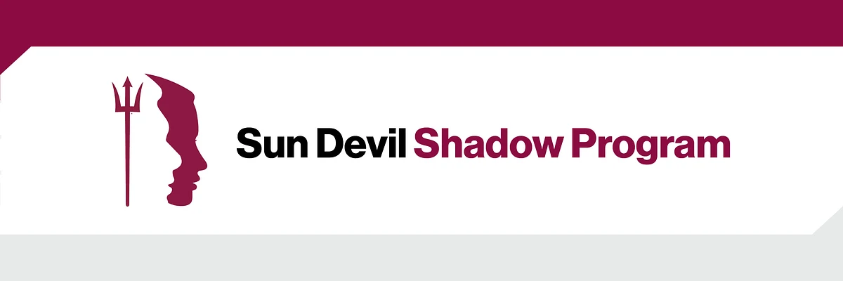 The image features the text "Sun Devil Shadow Program" with a maroon profile silhouette and trident logo on a white background with a maroon top border.
