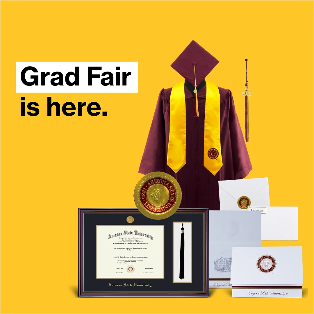 The image showcases a graduation setup with a cap, gown, tassel, diploma frame, and envelopes, alongside the text "Grad Fair is here."