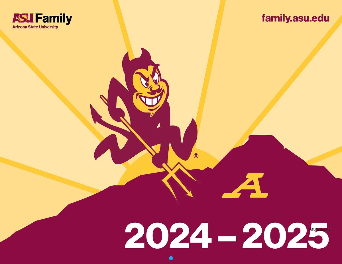 The image features the Arizona State University mascot, Sparky the Sun Devil, on a mountain with "2024 - 2025" and ASU branding.