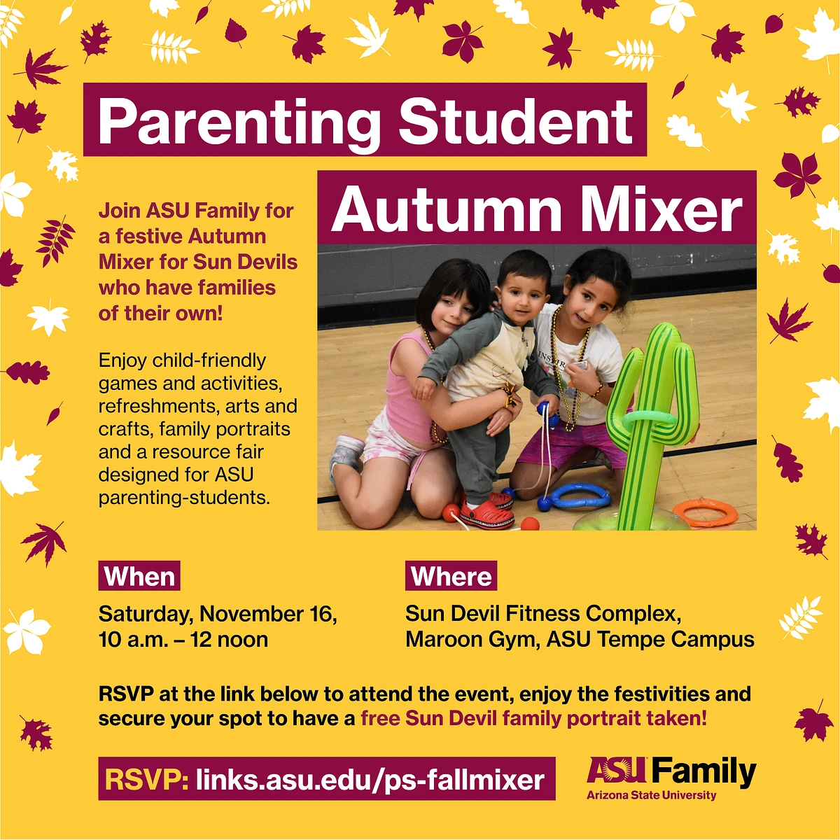 The image is an invitation to the Parenting Student Autumn Mixer at ASU, featuring family activities and a resource fair.