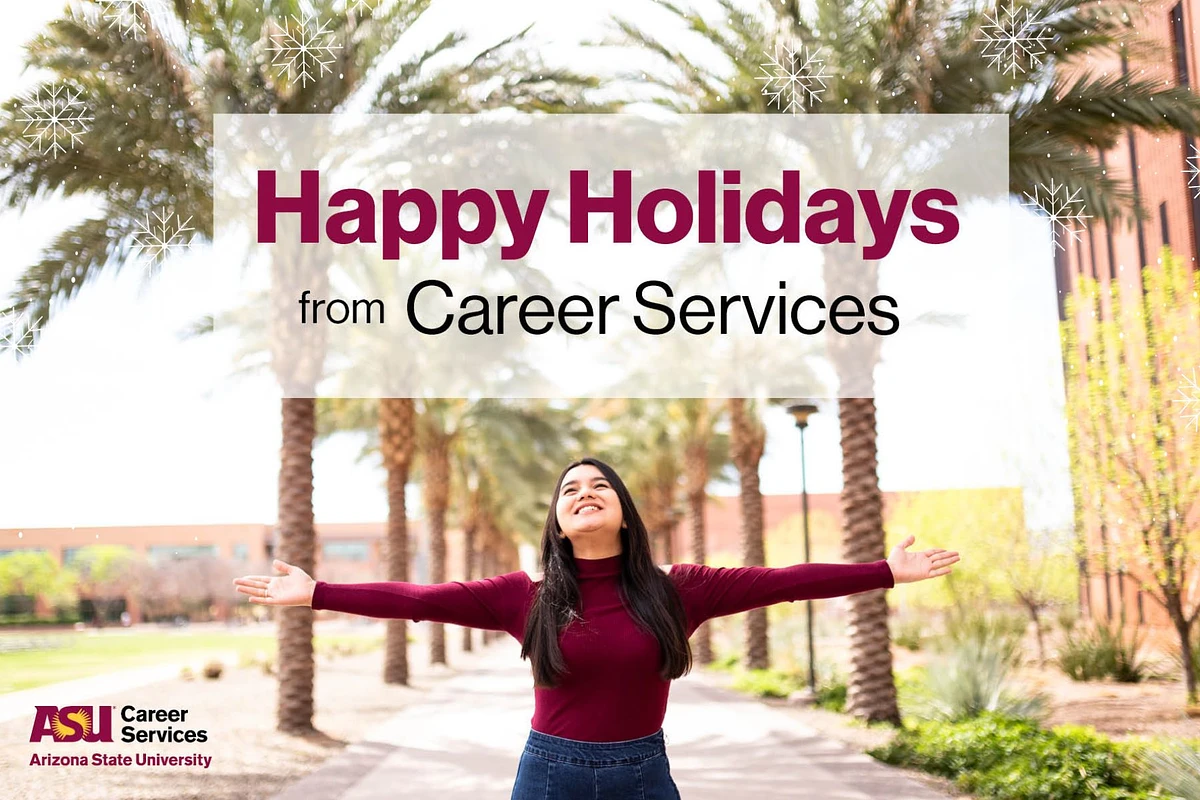A person joyfully stands with arms outstretched beneath a "Happy Holidays from Career Services" banner, surrounded by palm trees.