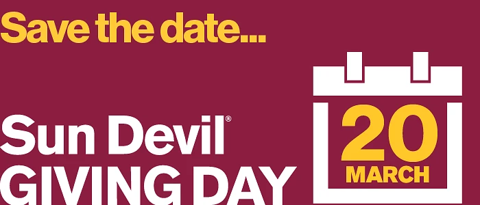 The image announces "Sun Devil Giving Day" on March 20, with a "Save the date" reminder.