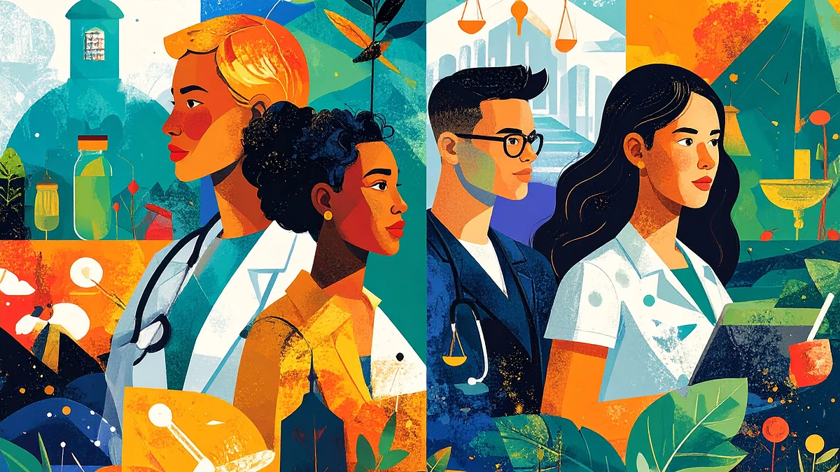 The image features a colorful and abstract depiction of four diverse professionals in science and medicine, set against a backdrop of vibrant, scientific-themed elements.