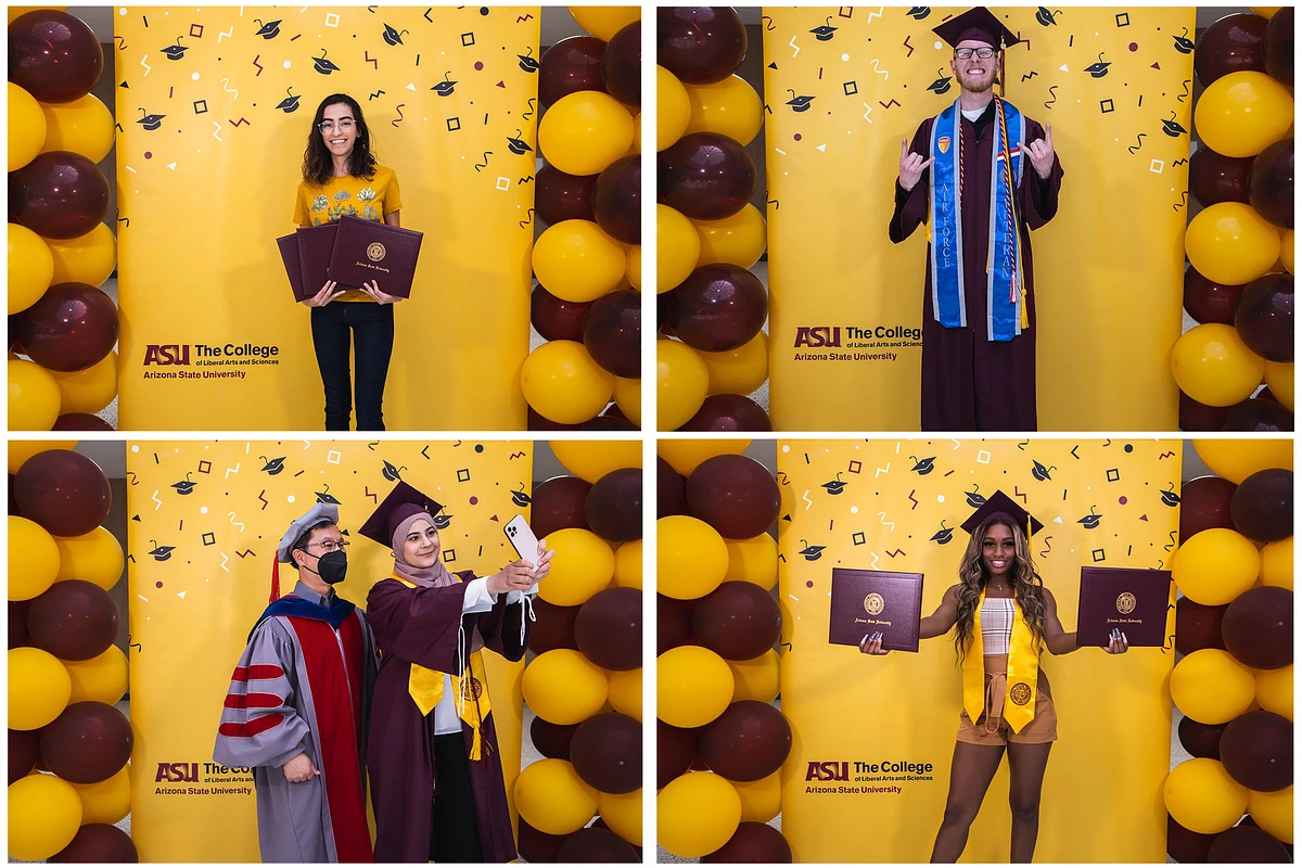 photo collage featuring four graduates posing with their diploma covers
